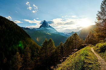 Matterhorn mountain, sunrise, lush greenery, clear blue skies, scenic views, mountain landscape, alpine scenery, natural beauty, outdoor photography, travel destination, hiking trail
