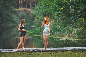 ragazze, fiume, estate, tempo libero, pesca, asta, natura