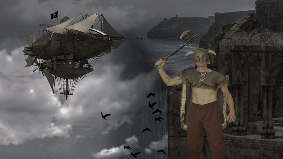 steampunk, bajak laut, pesawat udara, fantasi, gelap, potret, Corsairs Cove, viking, burung-burung, air terjun, langit mendung