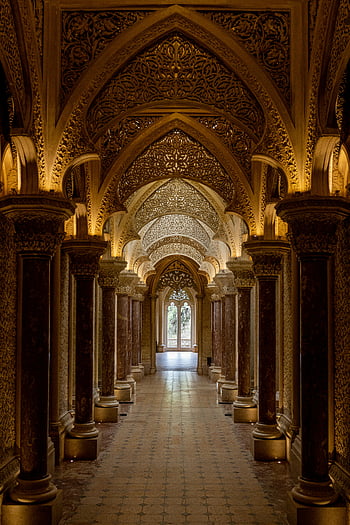 Sintra palác, Portugalsko, luxusní zlatá chodba, oblouky, sloupců, ozdobená architektura, historické budovy, Vzhled interiéru, kulturní památka, cíl cesty, Evropský palác