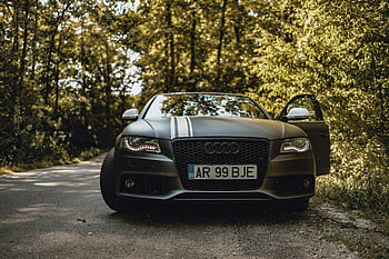 audi, černé auto, zaparkováno, lesní cesta, otevřít dveře, čelní pohled, audi auto, Black Audi, silnice, les, auto
