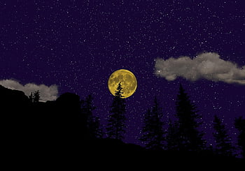 moon, sky, night, trees, clouds, stars, mountains, silhouette, nature, full Moon, night Sky
