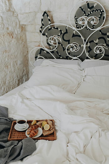 breakfast in bed, elegant breakfast, croissant, coffee, lemon slices, white bed, breakfast tray, cozy bedroom, morning breakfast, bed setup, white bedding