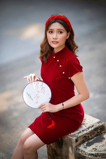 유행, Cheongsam, 여자, 손 부채, 베트남 사람, 아시아 사람, 빨간 치파오, 드레스, 아름다움, 아름다운, 예쁜