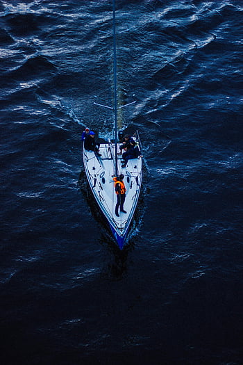 plachetnice, bílá a modrá loď, oceán, Marine Adventure, Plachtění posádky, letecký pohled, moře, plachtění, loď na moři, posádka na lodi, Plachtění dobrodružství