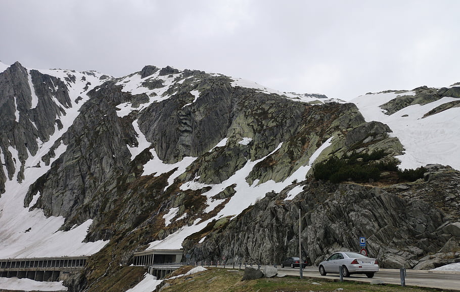 スイス、 アルプス、 山、 道路、 パス、 ウリ、 村、 雪、 ロッキー、 風景、 車