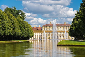 schleissheim palác, hrad, fontána, park, rybník, jezero, voda, odraz, budova, barokní, Příroda