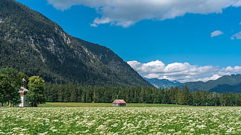 landscape, mountains, heaven, clouds, meadow, chapel, summer, nature, scenic, bayer, upper Bavaria