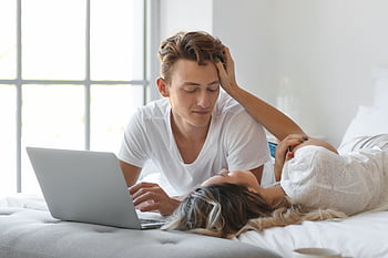 coppia, Camera da letto, il computer portatile, giovane, insieme, maschio, femmina, uomo, donna, persone, computer