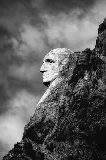 Mount Rushmore, Černý a bílý, fotografie ve stupních šedi, mans tvář, betonová socha, Podrobné řezbářství, zobrazení profilu, Nárazná fotka, Venkovní památník, historické památky, Prezidentská socha