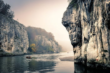 river, cruise, rocks, gorge, canyon, fog, forest, bank, danube, sunshine, nature