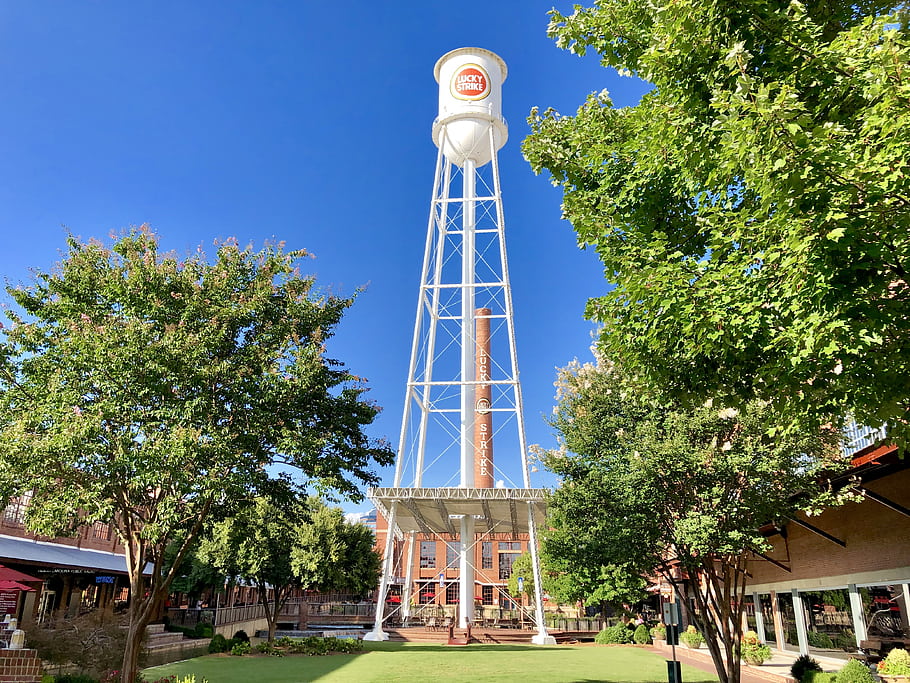 water tower, historic, relic, Durham, North Carolina, American Tobacco Campus, Lucky Strike, architecture, trees, blue sky, buildings