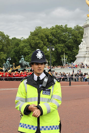 Britský policejní důstojník, Buckinghamský palác, pochodová kapela, průvod, jednotný, Londýn, Policejní povinnost, Bunda s vysokou viditelností, důstojník, dav, socha