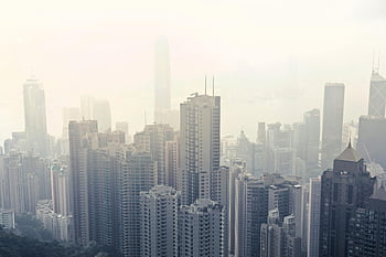 Hong Kong Island, high-rise buildings, daytime skyline, urban architecture, foggy view, skyscrapers, cityscape, modern city, Hong Kong, urban landscape, day view