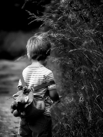 boy, child, outdoors, bag, nature, blond, outside, mouse, dreaming