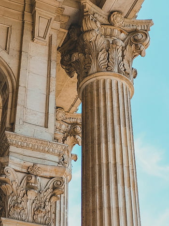 コリント式柱、 クラシック建築、 ブカレスト、 ルーマニア、 詳細なビュー、 刻まれた列、 建築の詳細、 歴史的建造物、 華やかなデザイン、 石柱、 古風