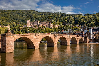 Starý most v Heidelbergu, hrad Heidelberg, Řeka Neckar, Heidelberg Německo, starý most, hrad, výhled na řeku, historické architektury, Evropské památky, scénické krajiny, cíl cesty