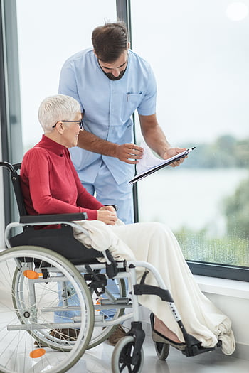 fauteuil roulant, la personne, femme, patient, infirmière, Sénior, femelle, désactivée, médecin, les personnes âgées, hôpital