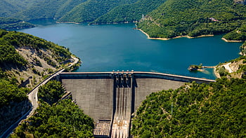 luchtfoto, water Dam, Vacha -reservoir, bulgarije, Scenic Aerial Shot, weelderige groene bossen, bergen, reservoir, luchtfotografie, natuurlijk landschap, Hydro-elektrische dam