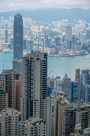 letecký pohled, Hongkong, Kultovní panorama, mrakodrapy, přístav, panoráma města, městské krajiny, přístav victoria, moderní architektura, výškové budovy, panoramatický výhled