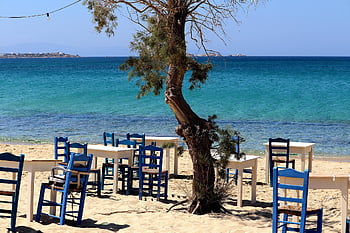 tavern, beach, greece, cyclades, naxos, chairs, tables, restaurant, nature, sea