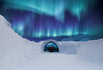Aurora Borealis, northern lights, snowy igloo, Arctic landscape, night scene, winter wonder, polar lights, icy dome, frozen scenery, starry sky, captivating aurora