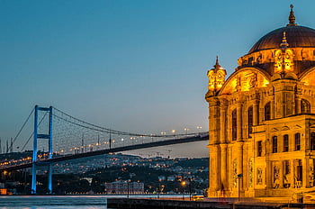 mešita ortaköy, Bospor most, Istanbul, Bospor, noc, svítí, soumrak, kopule budovy, panoráma města, krocan, nábřeží