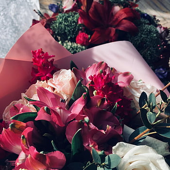 bouquet, delicate roses, lilies, elegant bouquet, vibrant mix, roses and lilies, pink paper, romantic occasions, floral arrangement, flower bouquet, romantic flowers