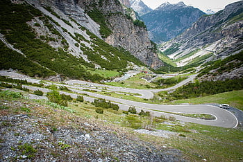 francouzské Alpy, horské silnici, ohyby, krajina, horské krajiny, pozadí krajiny, fotografie krajiny