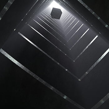 surreal image, floating cube, dark tunnel, geometric tunnel, dramatic lighting, light over cube, wall, abstract art, modern art, black and white, minimalism