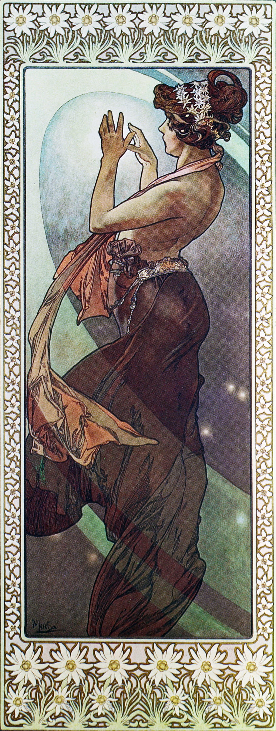 Alphonse Mucha, Art Nouveau, Pole Star, high resolution, pin up, floral border, vintage illustration, female figure, flowing dress, decorative art, 1902