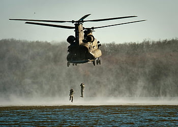 gray helicopter, body of water, military helicopter, soldiers, water landing, aerial view, military operation, helicopter rescue, water rescue, military training, helicopter flight