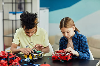 děti, sedící, stůl, teenageři, Robotický projekt, obvodů, inovace, spolupráce, vzdělávací činnost, Kmenové učení, Technologické vzdělávání