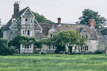 casa di cemento grigio, Circondato da alberi, pittoresca vecchia casa in pietra, campagna rurale, vegetazione lussureggiante, Ritiri sereni della natura, casa di pietra, casa rurale, paesaggio verde, vivente di campagna, si ritirano