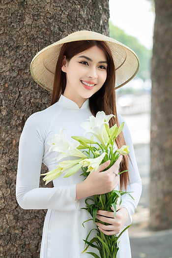 žena, krása, portrét, květinové pozadí, květinové tapety, Modelka, krásné květiny, aodai, Asie, Vietnam, květ