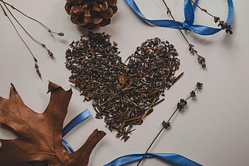 withered lavender flowers, heart-shaped arrangement, dried lavender, blue ribbons, table decor, creative arrangement, dried flowers, heart decor, lavender decor, dried leaves, pinecone decor
