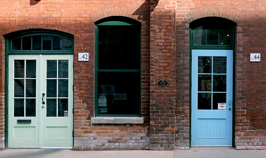 toronto, palírna, dveře, vchod, cihlový, Budovy dědictví, viktoriánské architektury, Č. 42, Č. 44, obchodní čtvrti, rezidenční čtvrti