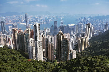 vrchol Viktorie, Hongkong, Čína, letecký pohled, mrakodrapy, přístav victoria, panoráma města, městské panorama, panoramatický výhled, výškové budovy, přírodní krajina