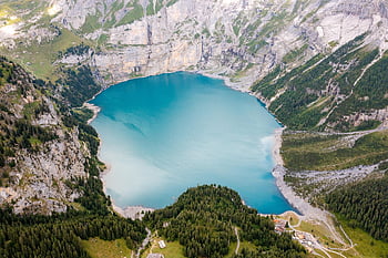 alpine Lake, oeschinen Lake, mountain, lake, swiss Alps, switzerland, nature, aerial View, landscape, bernese Oberland, alps