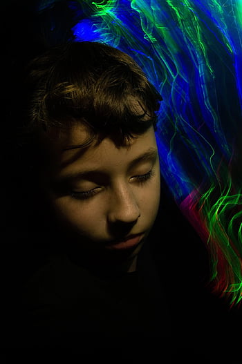 boy, teen, person, lights, sleep, dream, electricity, neon, dye, glare, fantasy
