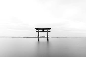 black and white, torii gate, calm waters, tranquility, serene image, gray scale, Japanese architecture, minimalistic photography, landscape photography, traditional gate, peaceful scene