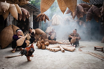 nők, Vietnam, Ázsia, jen lógott, kézzel készített, hagyományos, bambusz, lakberendezési tárgyak