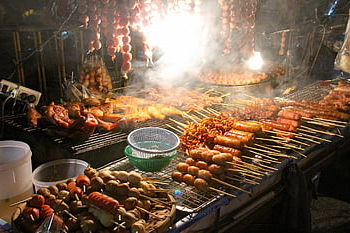 치앙마이, 시장, 밤, 태국, 바자, 닭 꼬치, 식품, 치킨, 그릴, 바베큐, 야외 파티