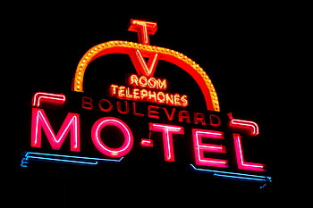 neonový nápis, Boulevard Motel, osvětlené znamení, noční obloha, městském prostředí, Telefony pokoje, motel znamení, zářící neon, retro znamení, vinobraní znamení, světla města