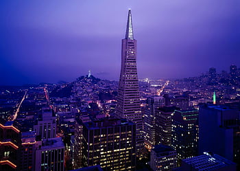 panorama san francisco, transamerica pyramida, Noční panoráma města, letecký pohled, městské krajiny, osvětlené budovy, světla města, centrální san francisco, mrakodrapy, město v noci, Architektonické památky