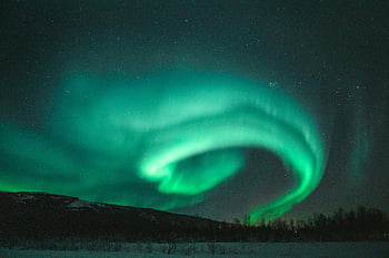 Aurora, Northern Lights, evening, snowy landscape, starry night sky, captivating view, aurora borealis, winter scenery, natural phenomenon, night photography, green aurora