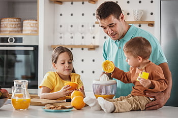 family, breakfast, table, kitchen, child, father, male, man, people, smiling, happy