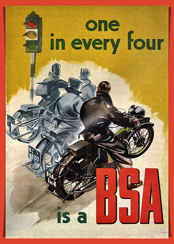 sepeda motor, bsa, vintage, iklan, pengendara, lampu lalulintas, satu dari setiap empat, poster, klasik, ilustrasi, retro