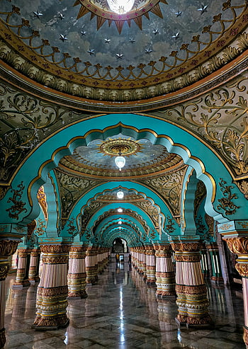 palác mysore, architektura interiéru, ozdobené oblouky, pilíře, karnataka, Indie, dekorativní strop, historické budovy, kulturní dědictví, interiér paláce, architektonický design