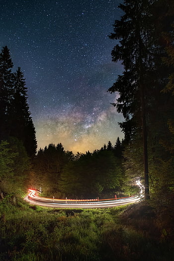 noc, mléčná dráha, silnice, světelné stopy, Hvězdná obloha, automobil, jízda, světlomety, temný, dlouhé expozice, hory